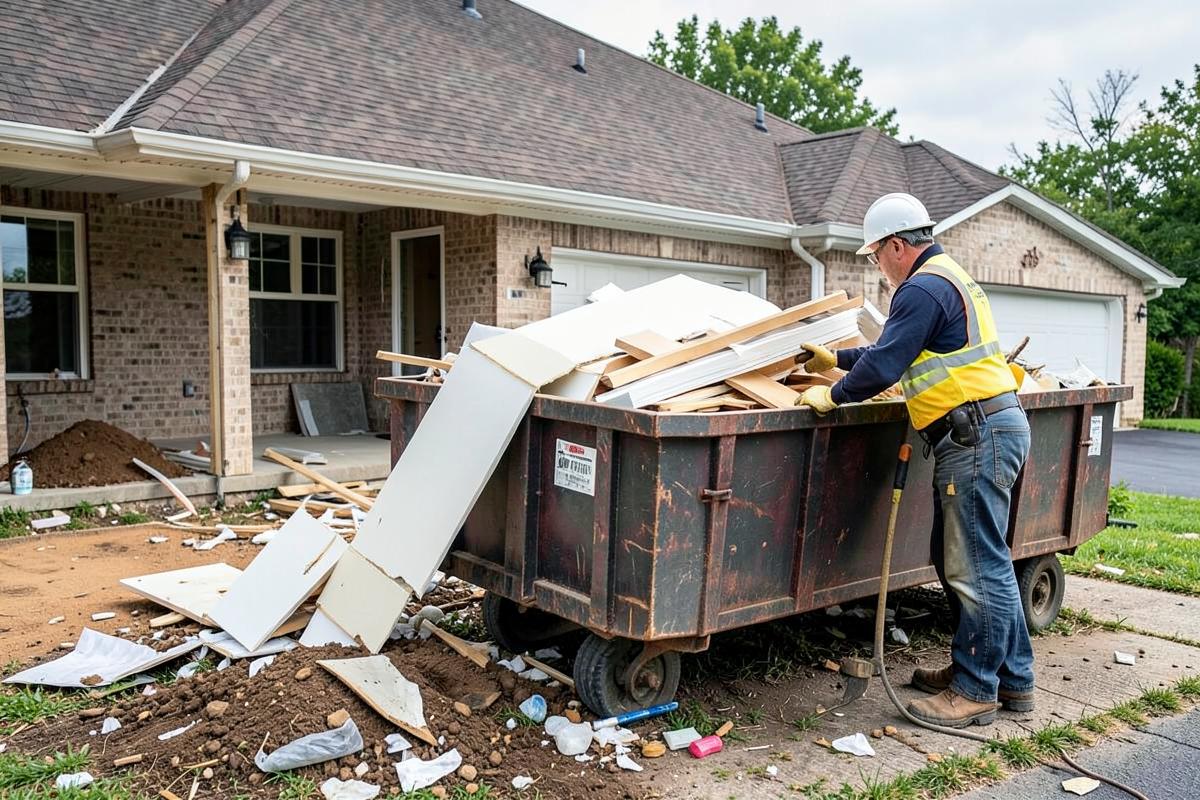 Contractor loading renovation debris into a rental dumpster
