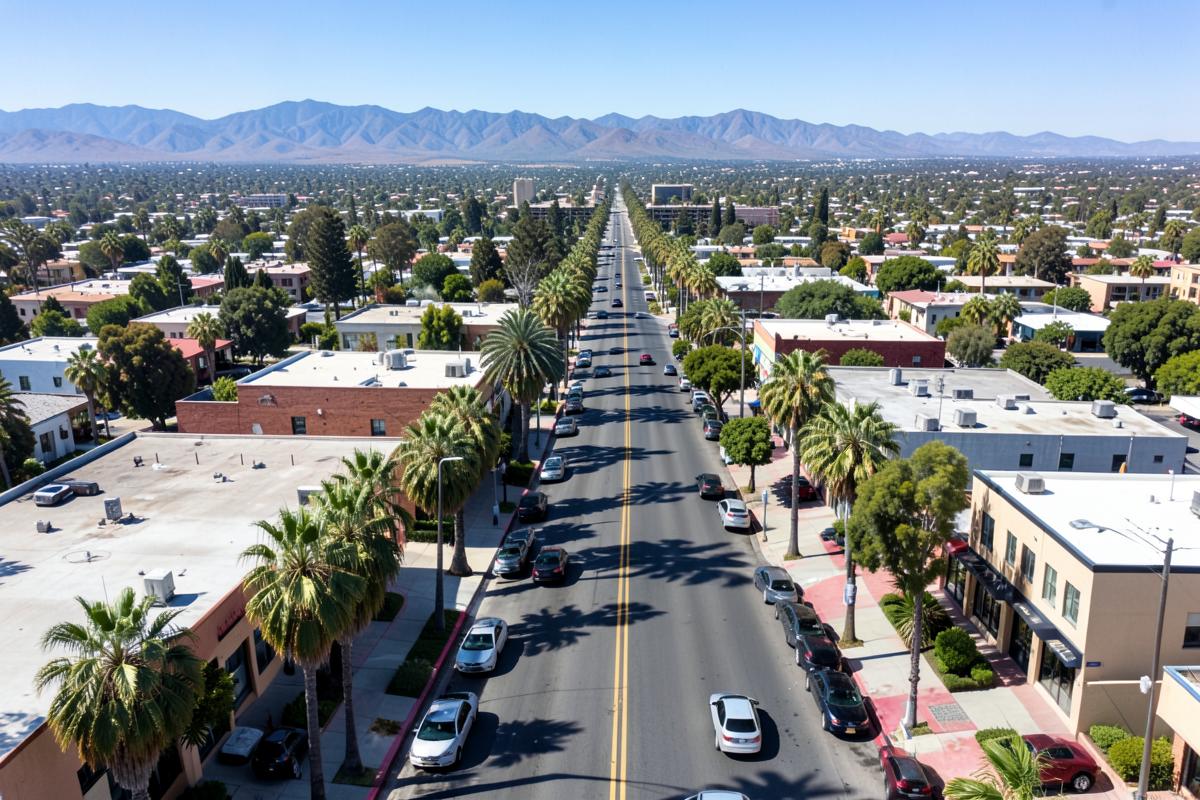 Aerial view of a Central California city street near Lemoore, California